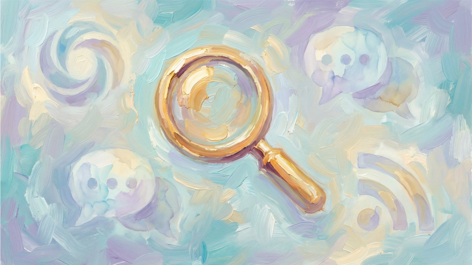 An abstract painting representing the concept of brand visibility in AI, with flowing lines of data and brand logos emerging from a colorful, textured background.