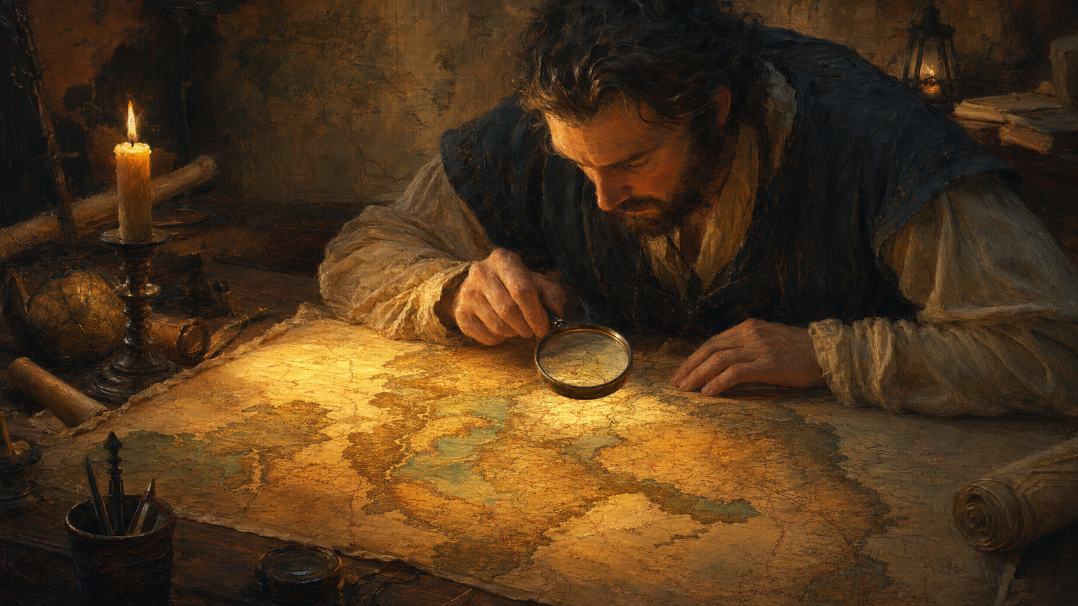 Editorial illustration of a cartographer studying a glowing map