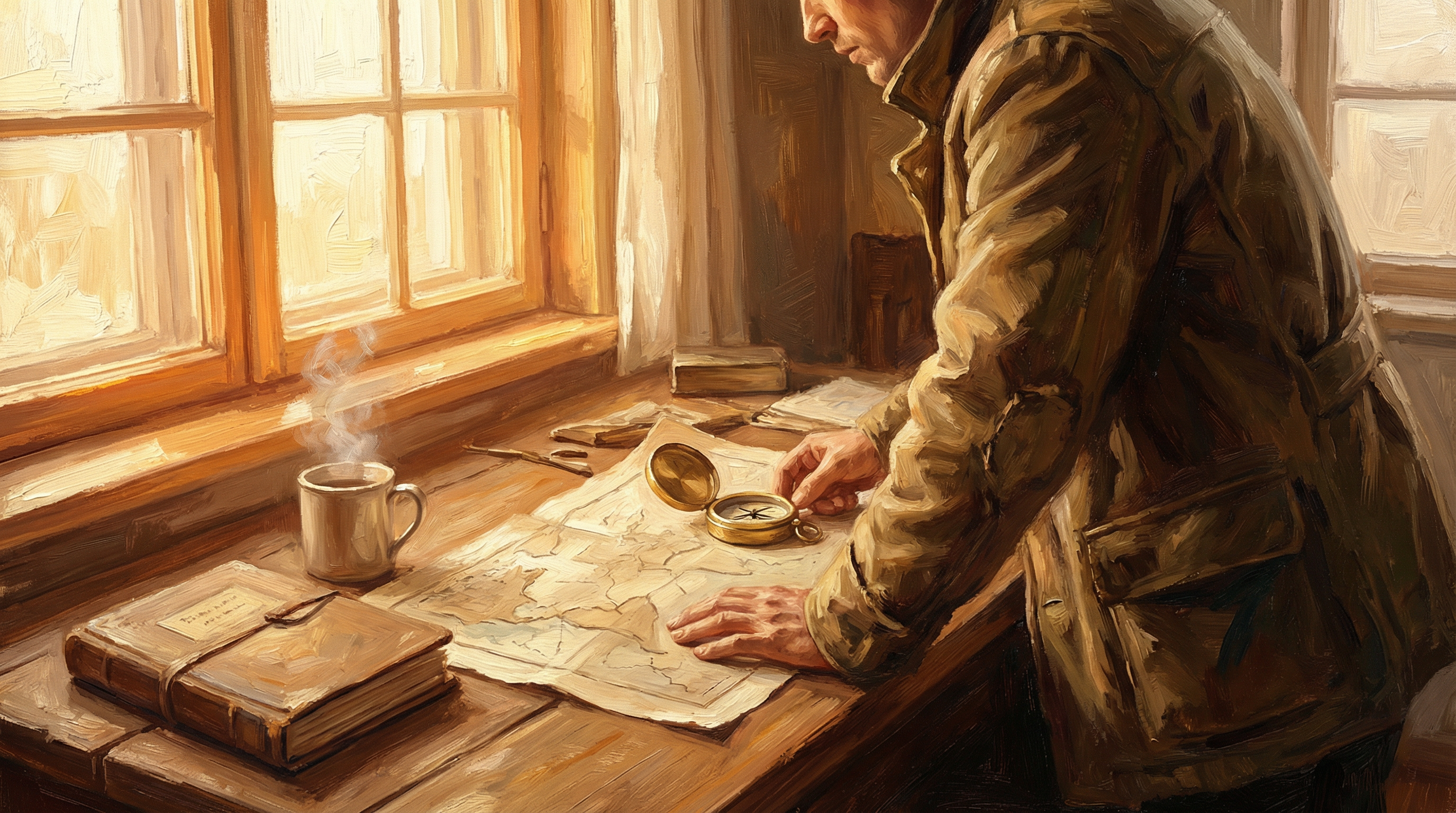 Editorial illustration of setting up a compass and map